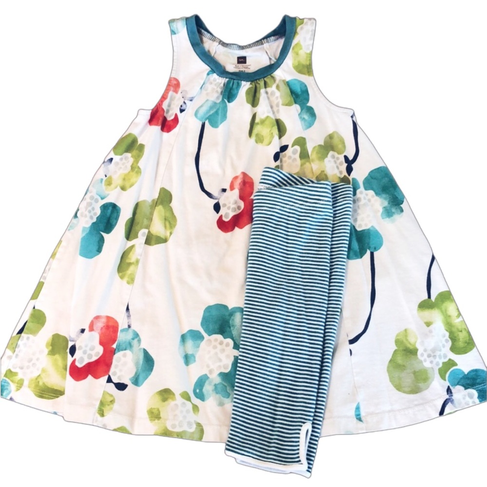 Tea Collection Floral Dress & Stripe Capri Pants Matching Set 3 3T EUC